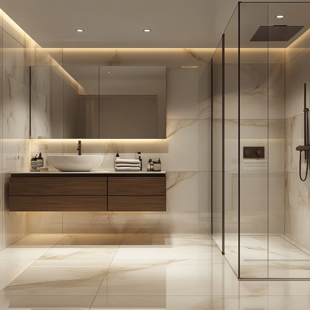 AI‑interior «Bathroom Concept»: мрамор, стекло, дерево; мебель и декор