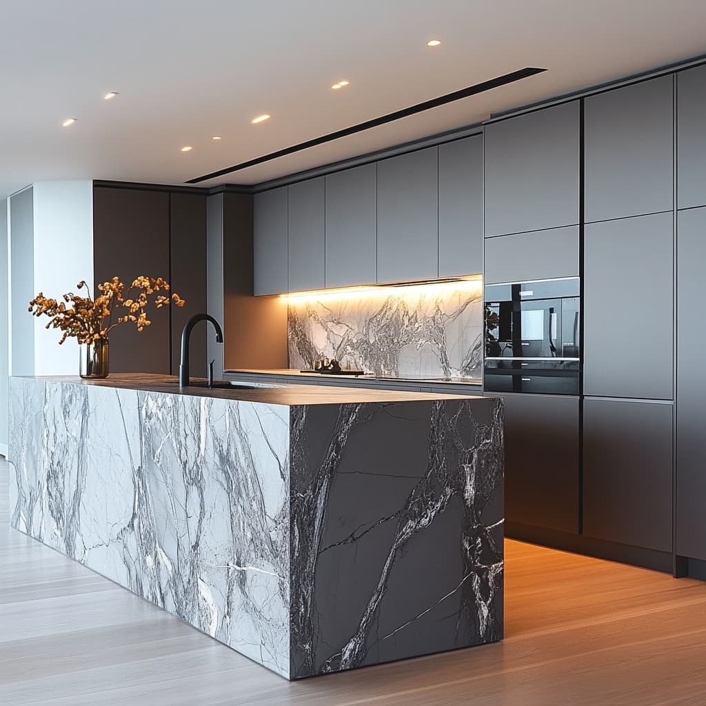 AI‑interior «Marble Kitchen»: фактура мрамора, освещение; мебель и декор