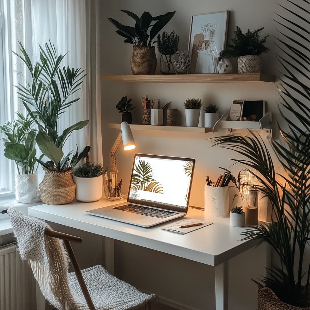 AI‑interior «Home Office»: тёплая палитра, текстуры; мебель и декор